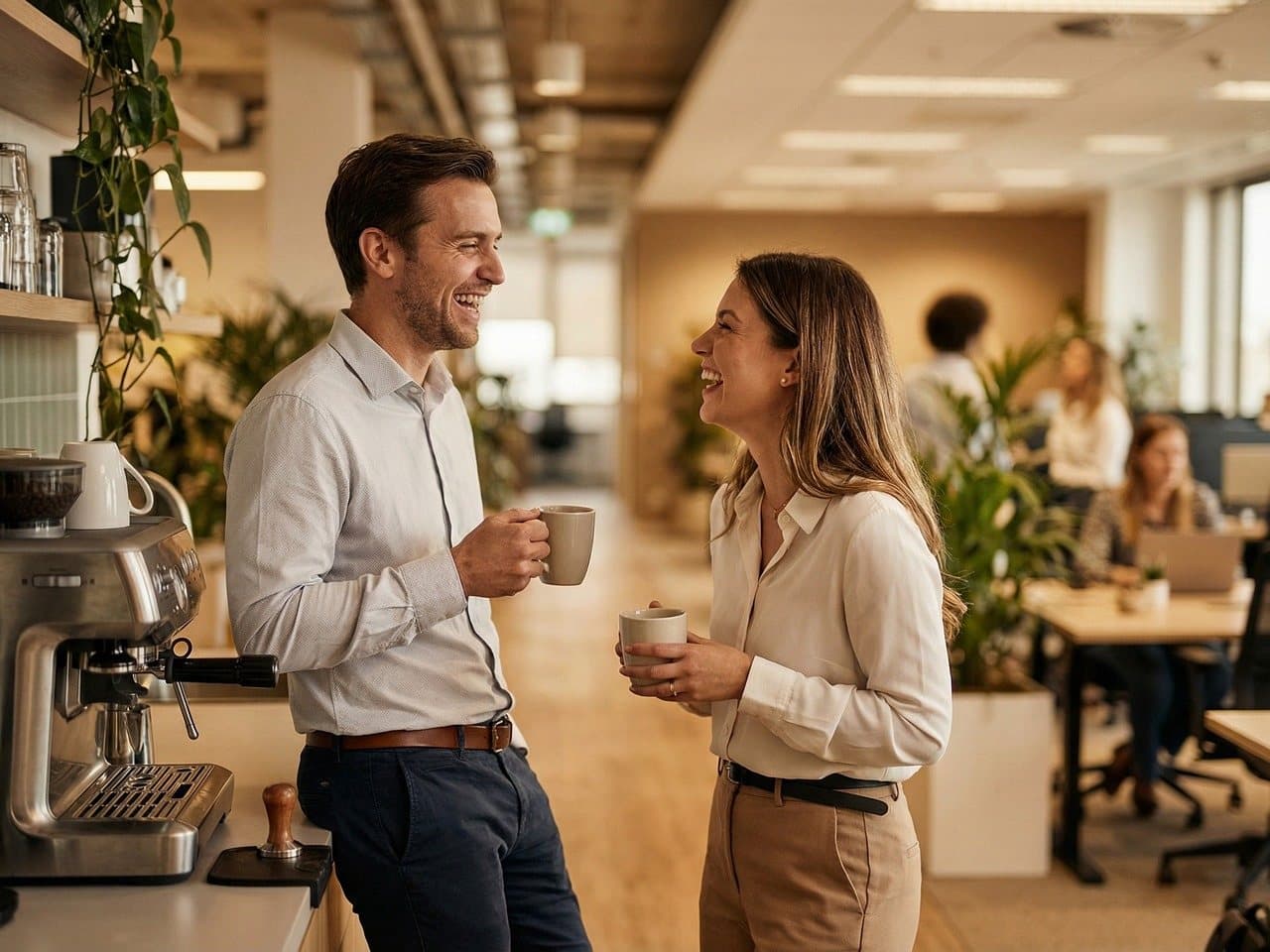 Two colleagues standing and talking in an open office